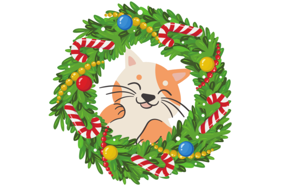 Cute Cat in a Christmas Wreath