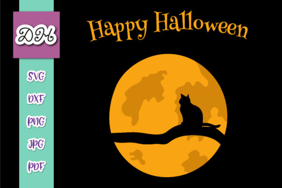 Happy Halloween Cat on Moon Print Cut